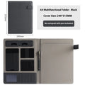 Black leather A4 business folder open to show document sleeve, pen loop, and notepad holder.
