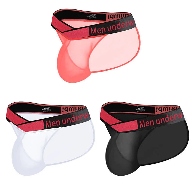 Men's transparent ice silk briefs with large V gradient high fork design in red colour