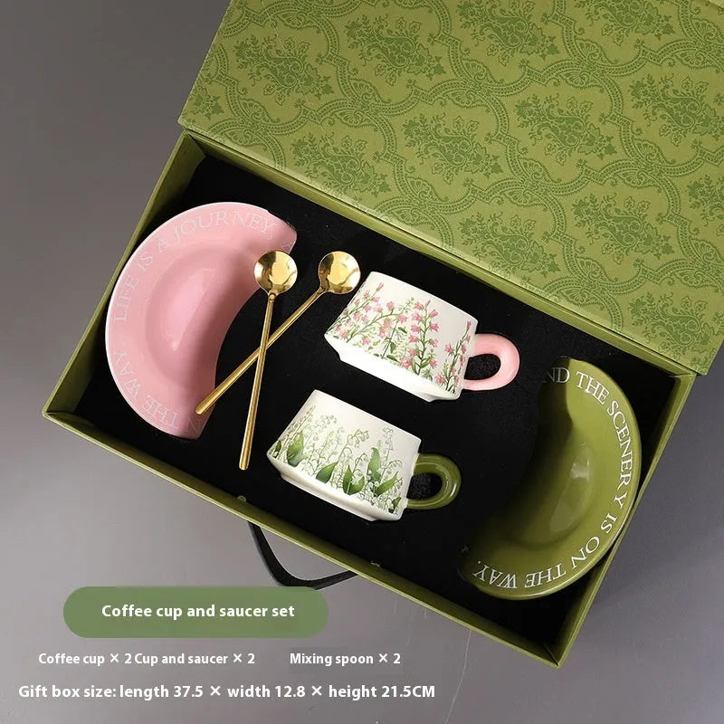 Ceramic coffee cup set with matching saucers and spoons in two design options