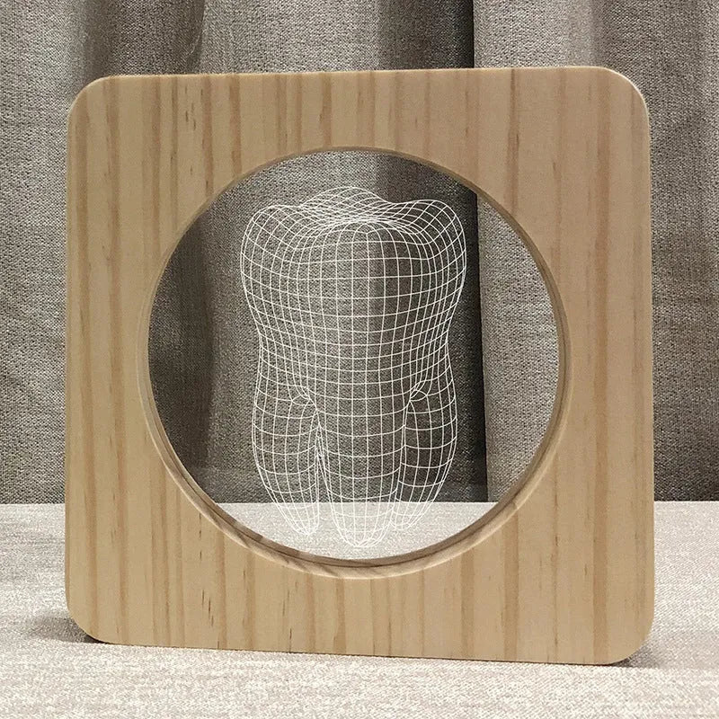 Tooth-shaped acrylic night lamp in log colour with USB cable, dimensions 190mm x 190mm x 30mm