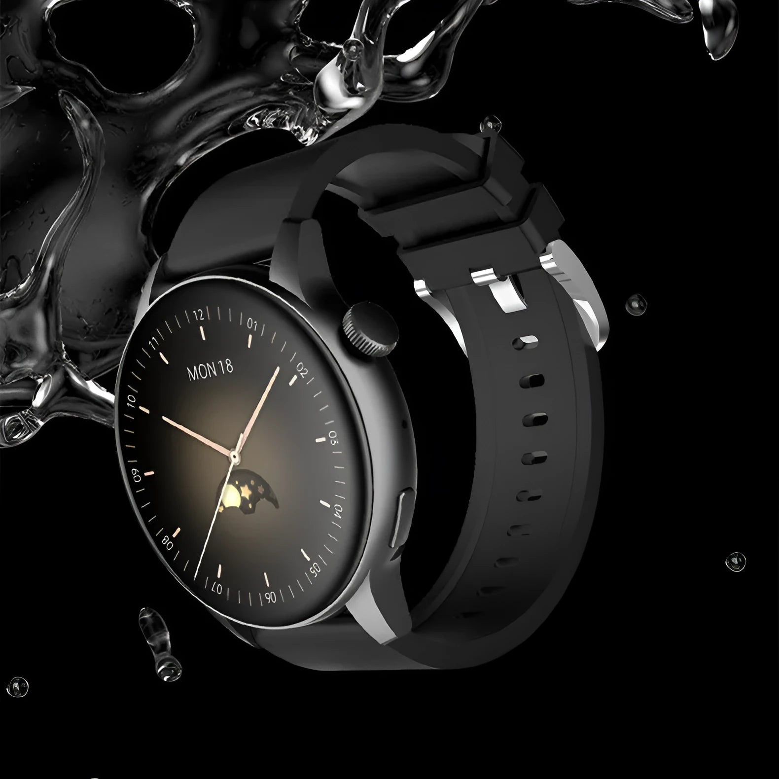 Silver smart watch with a round stainless steel case and a colour touch screen displaying a watch face
