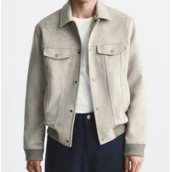 British style suede velvet commuter jacket in spandex, shown in mink and light grey colours.