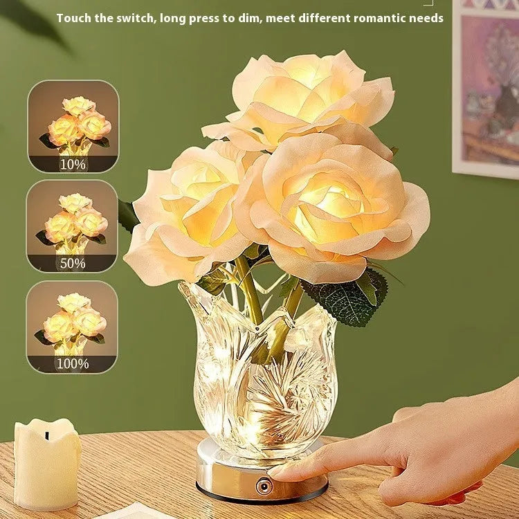 Modern crystal flowers bedside table lamp with USB charging port and touch-sensitive dimming control.