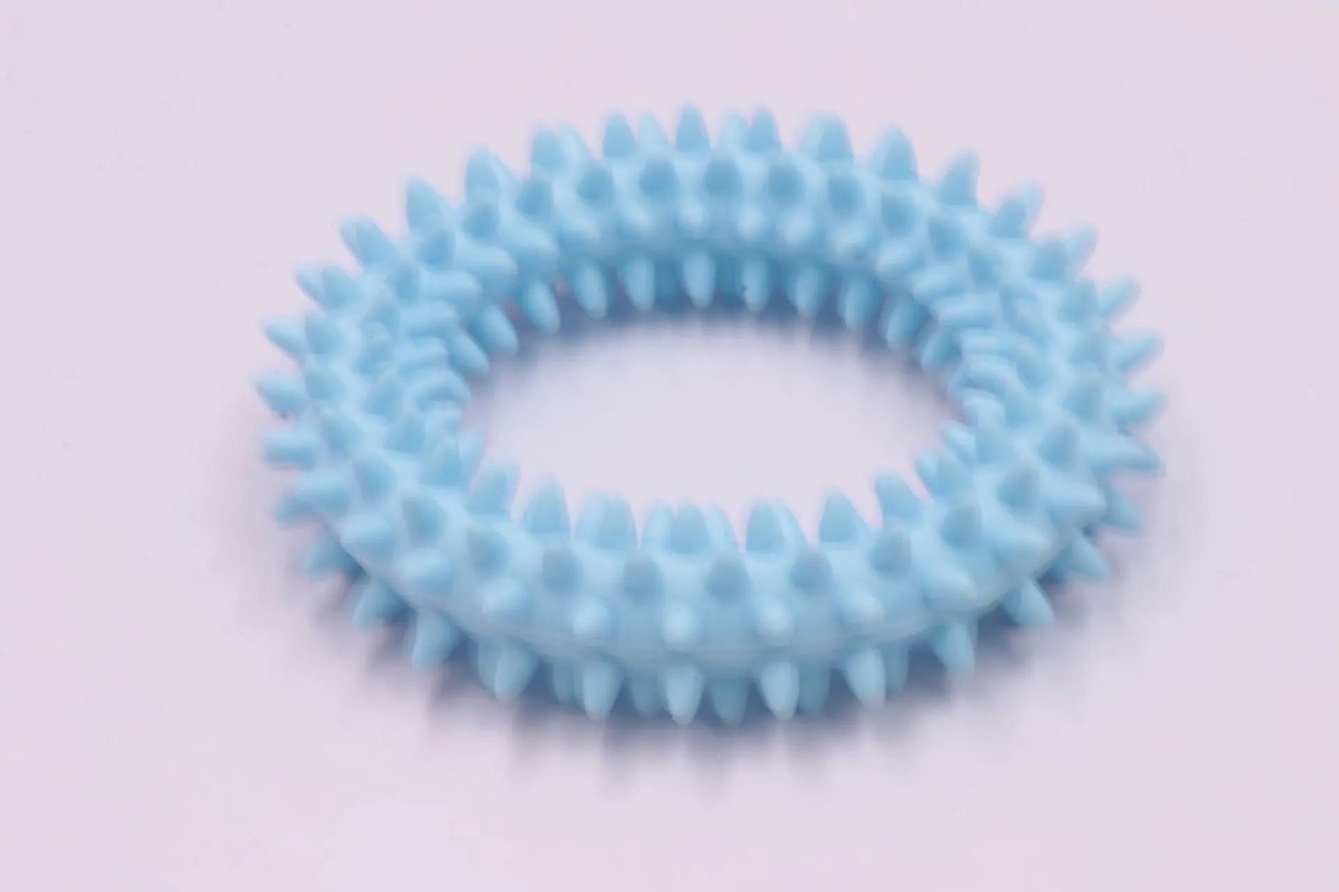 Blue TPR spiky circle dog chew toy for dental cleaning on a white background.