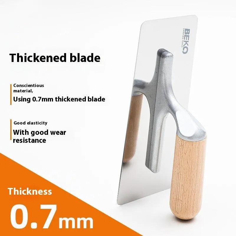 Stainless steel putty scraper with wooden handle for decorative floor and wall compound application