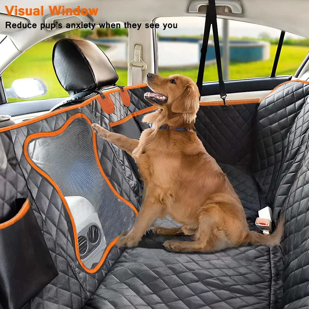 Black dog car seat cover with orange trim, shown fitted as a hammock in a vehicle rear seat.