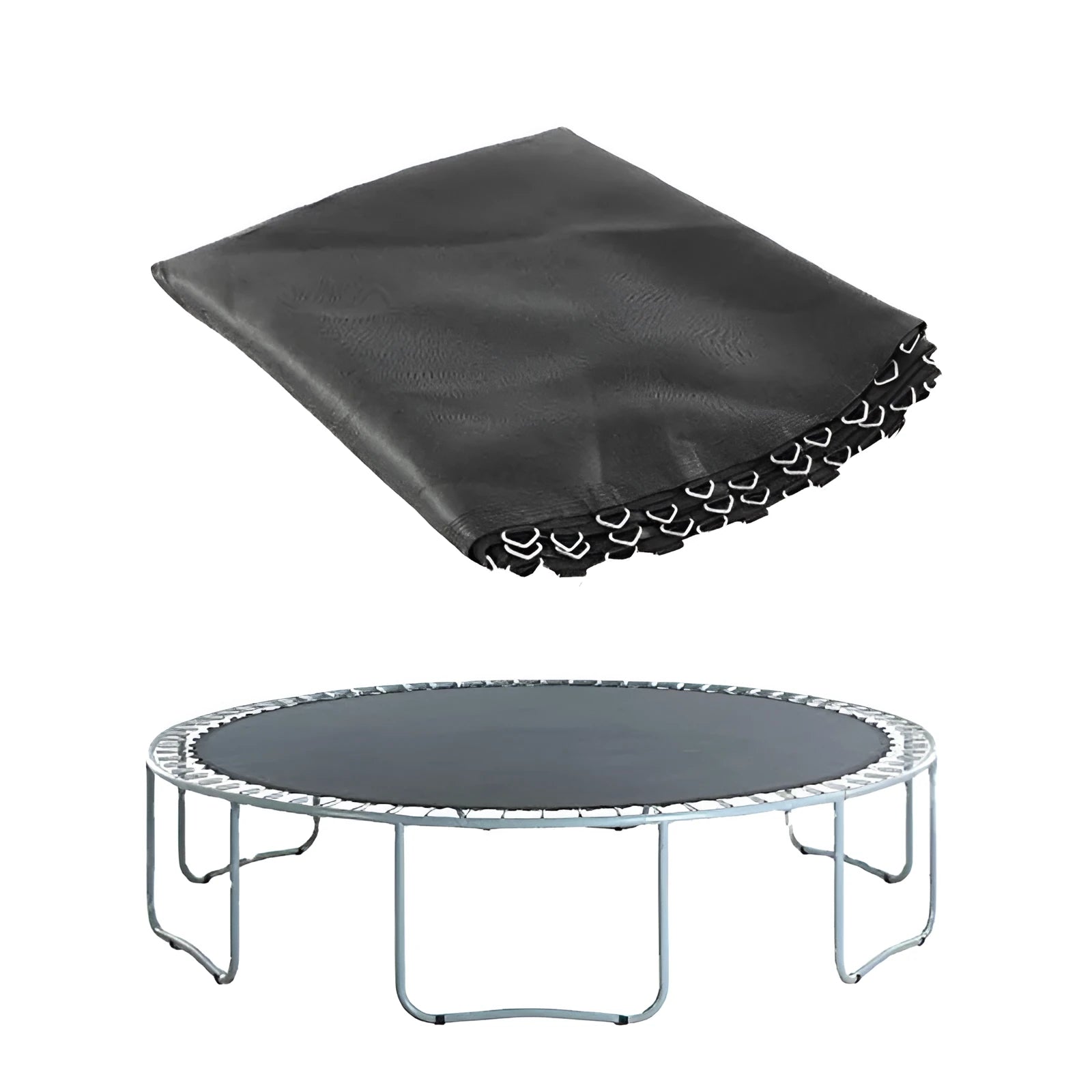 Round trampoline elastic fabric mat with button attachments for frame connection