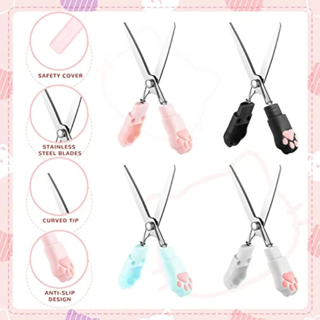 Closed cat paw mini folding safety scissors showing stainless steel blades hidden inside, in blue colour option.