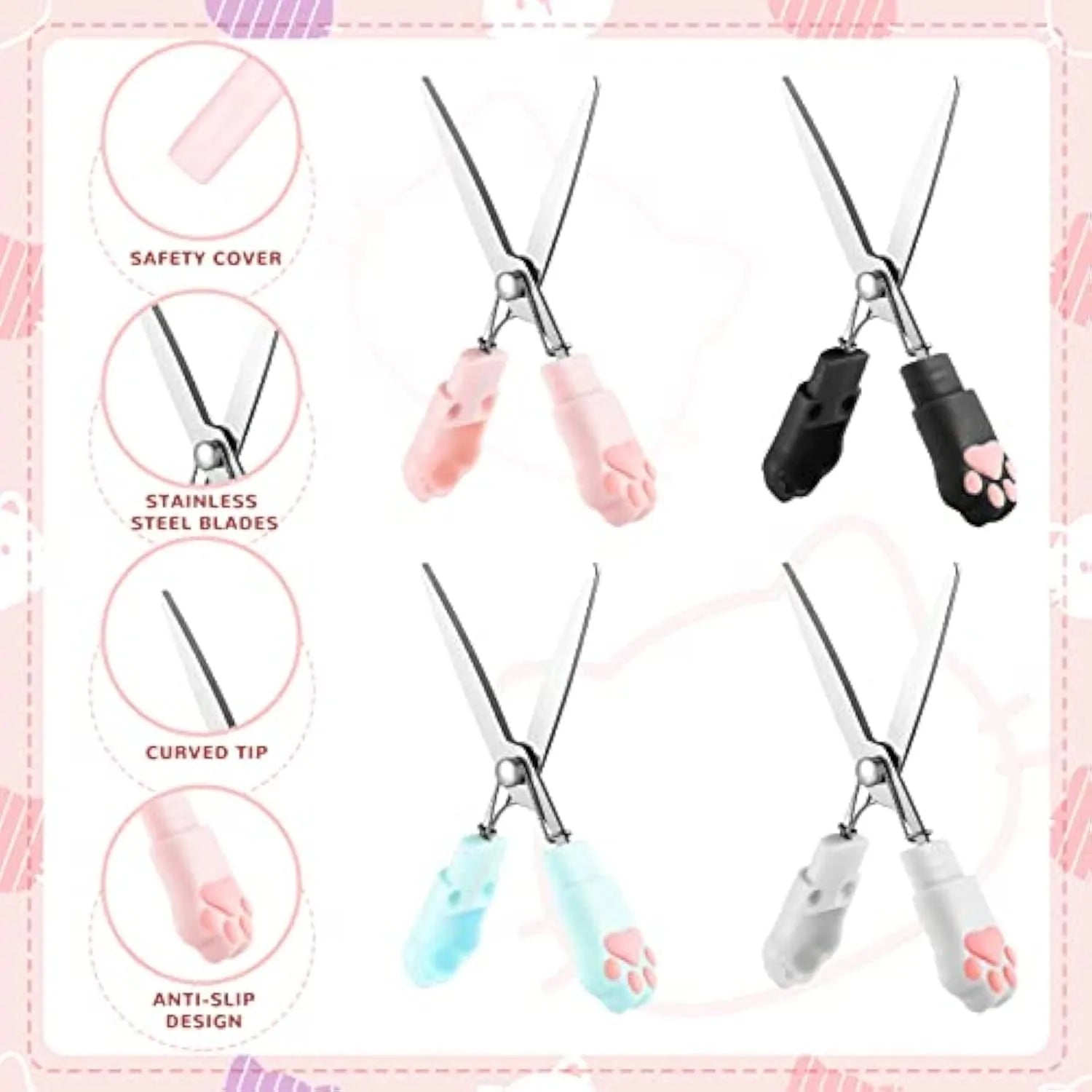 Closed cat paw mini folding safety scissors showing stainless steel blades hidden inside, in blue colour option.