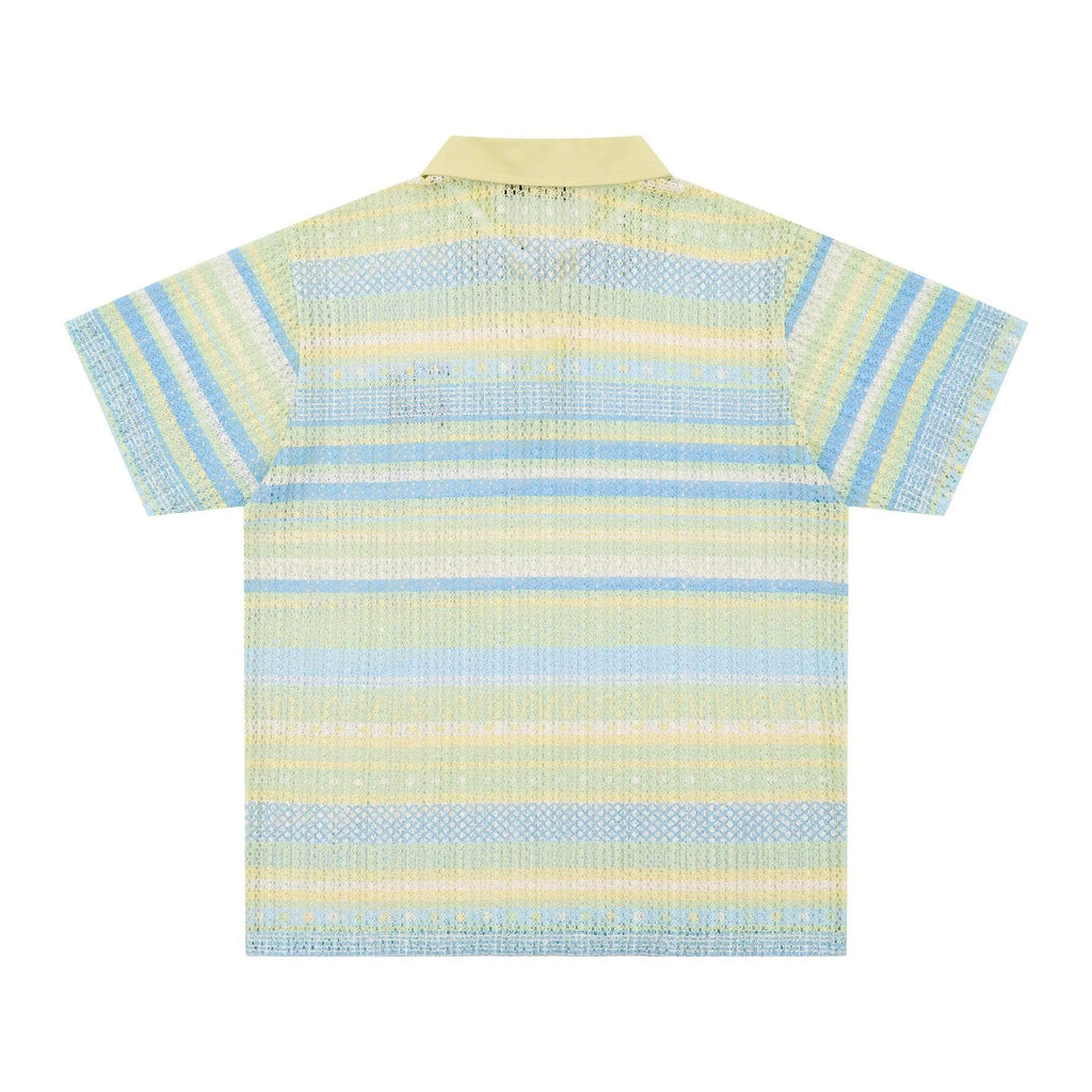 Men's blue and yellow printed short sleeve shirt with loose elastic fabric on a hanger.
