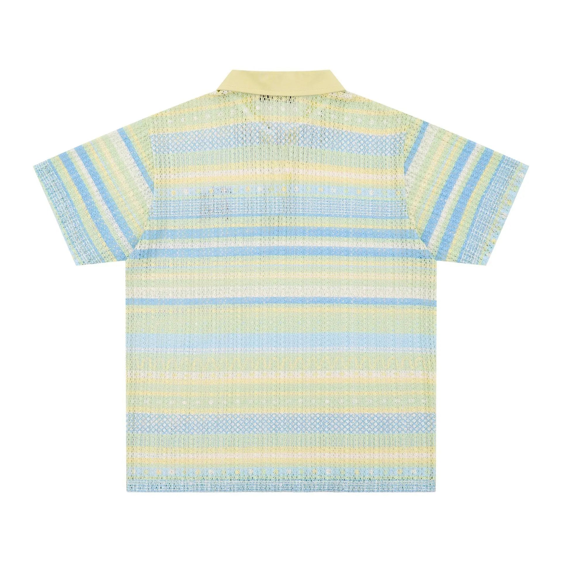Men's blue and yellow printed short sleeve shirt with loose elastic fabric on a hanger.