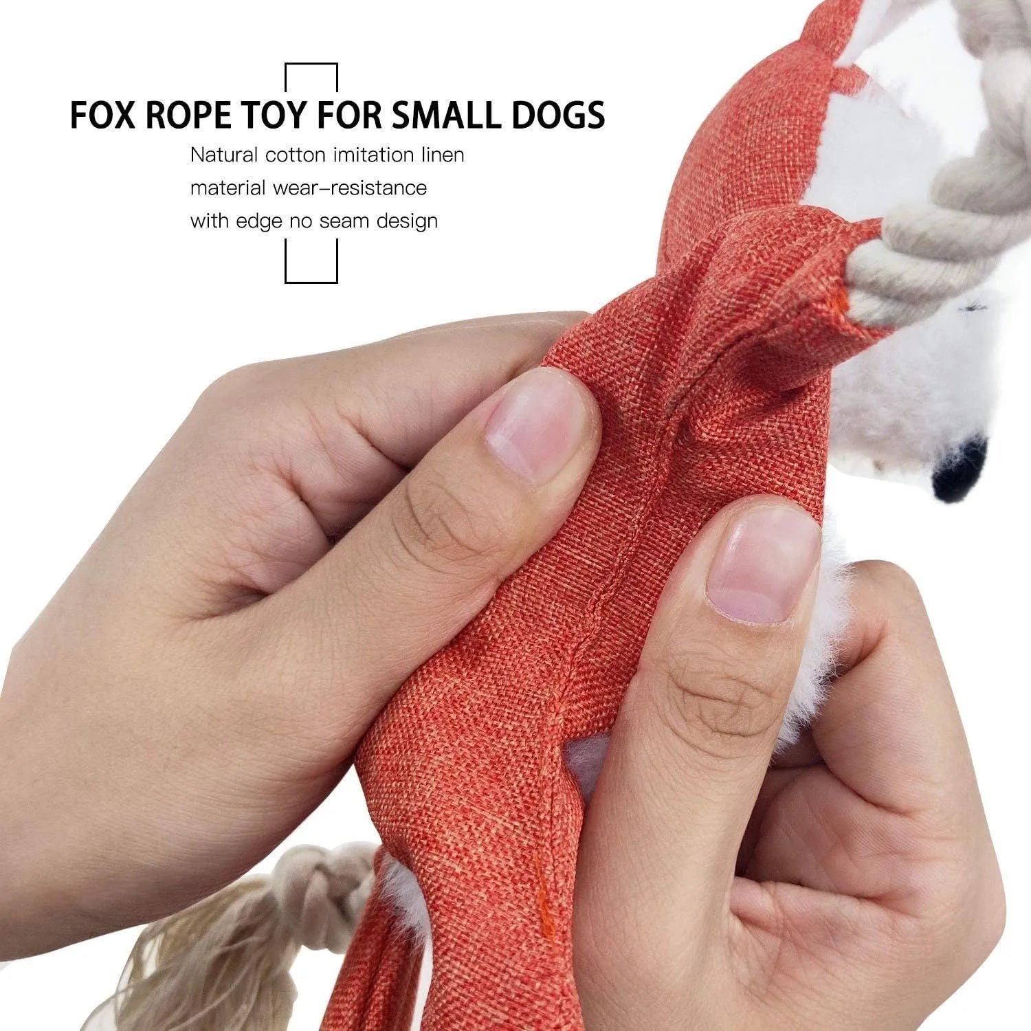 Brown fox-shaped dog toy with squeaker in head, crinkle paper body, and rope arms and legs