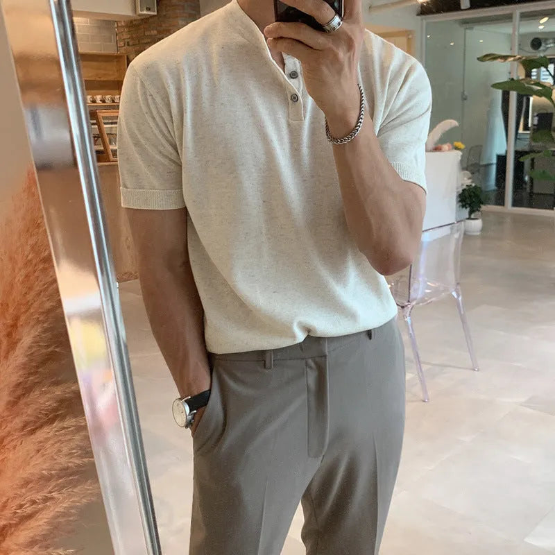 Men's slim-fit ice silk knitted short-sleeved shirt in black, khaki, or white colours