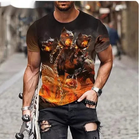 Men's grey T-shirt with raised 3D lion design print on chest, showing dimensional animal graphic