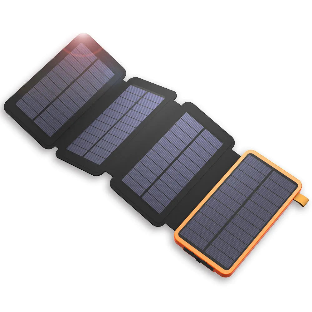 Rainproof solar power bank with monocrystalline panel and LED light in black colour