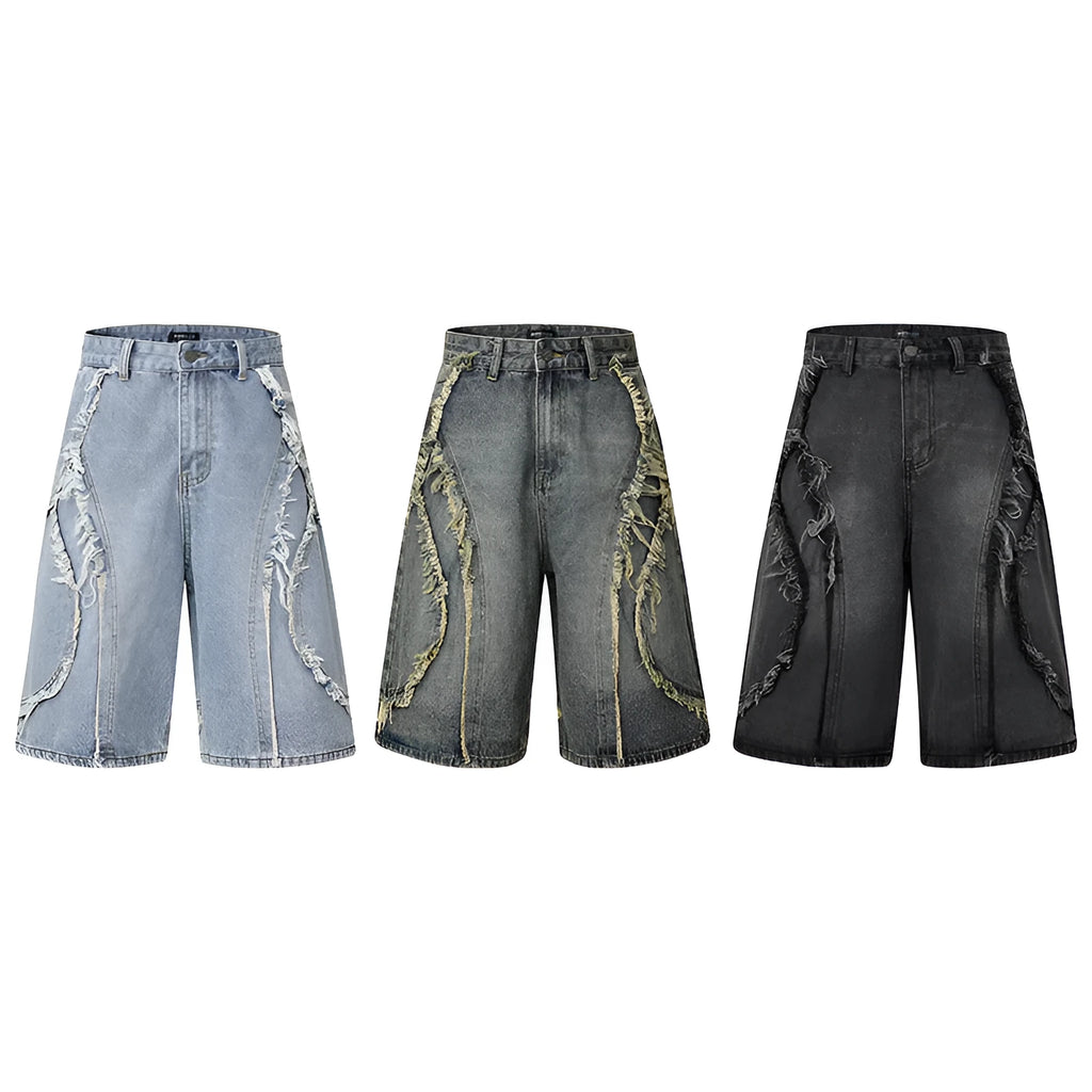 Men's distressed denim shorts with raw edges in black, straight leg cropped style