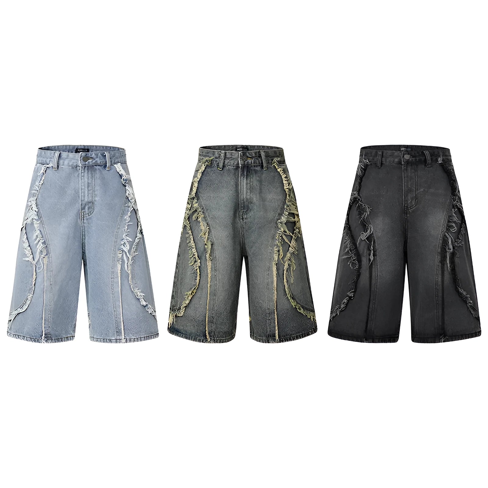 Men's distressed denim shorts with raw edges in black, straight leg cropped style
