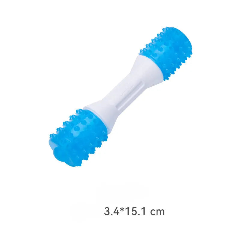 Dual-colour TPR puppy teething chew toy with dental cleaning texture in three available sizes