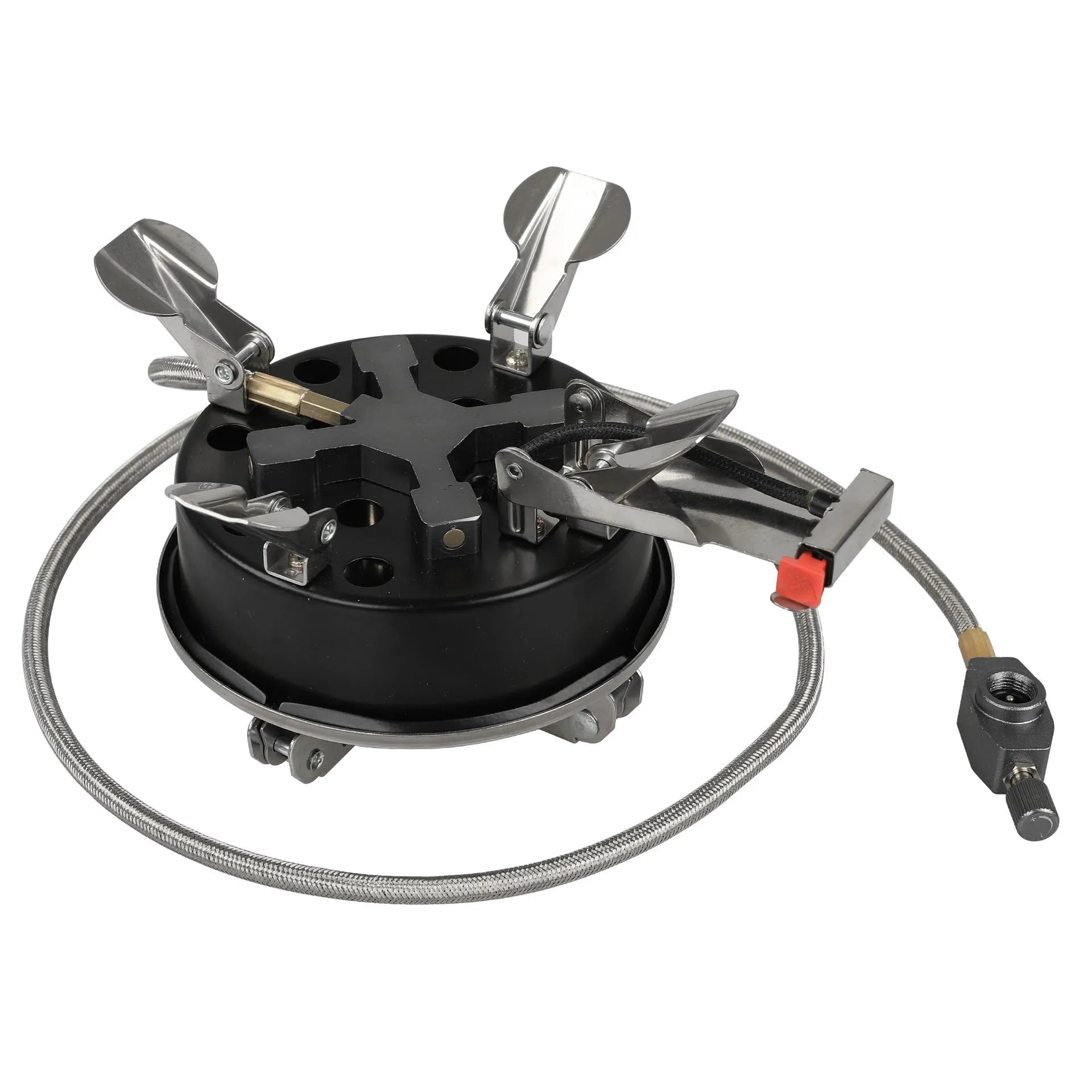 Silver portable split camping stove with extended hose shown folded and unfolded for outdoor cooking