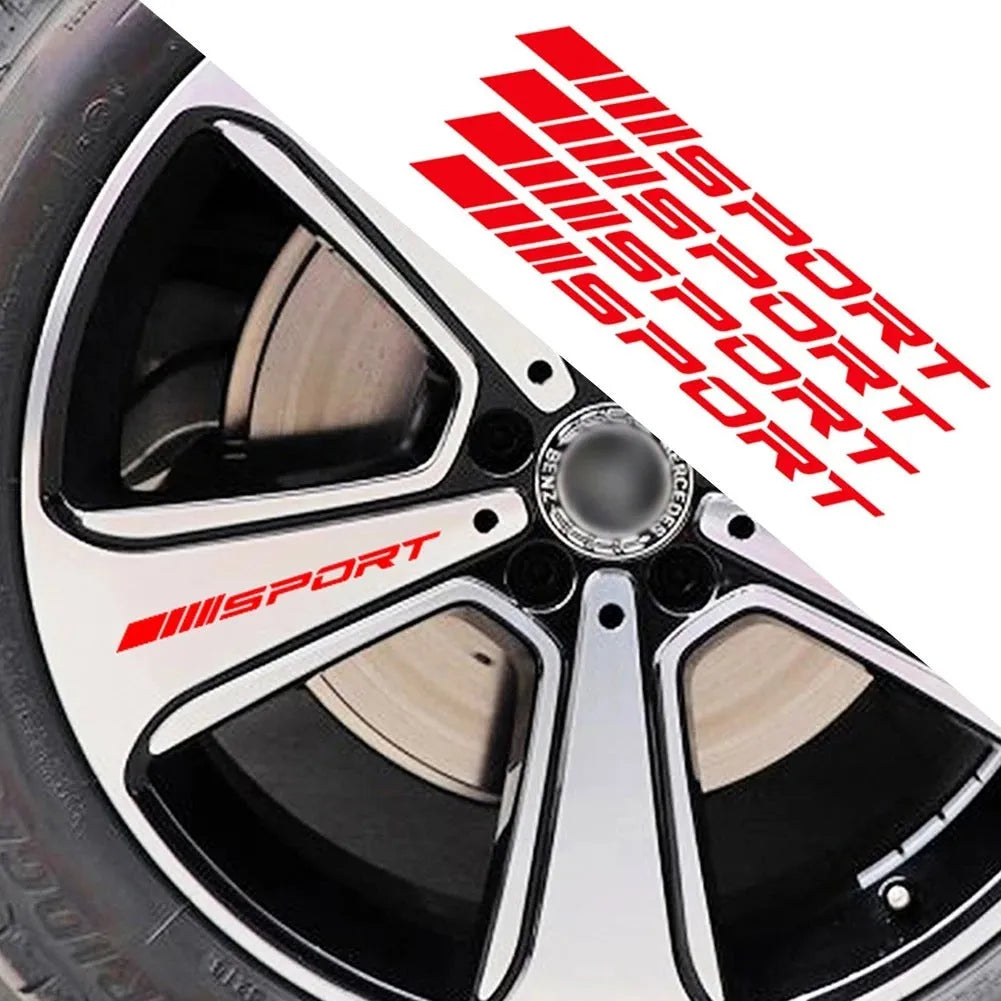 Hollow sports design car rim sticker in black, red or white colours measuring 10cm by 0.7cm
