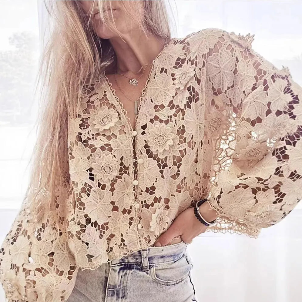 Loose V-neck cardigan with hollow lace sleeves and three-dimensional floral lace decoration in black