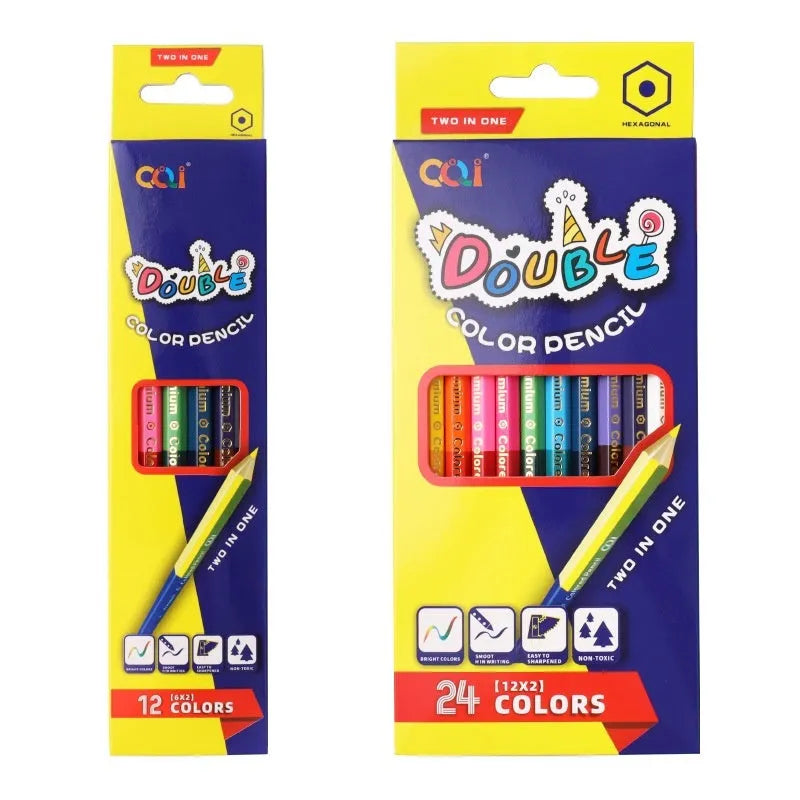 Set of wooden colouring pencils with dual-tip leads, showing 12 and 24 colour set options.