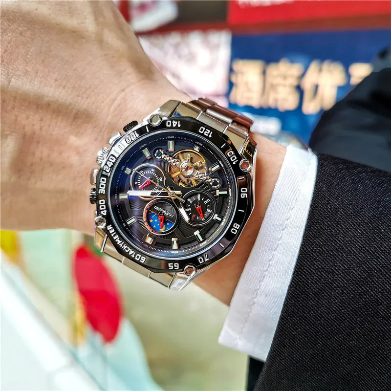 Men's automatic mechanical watch with 12mm case in black steel, silver, and gold finish options.