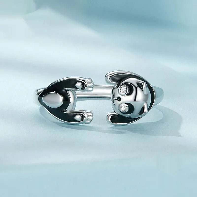 Adjustable sterling silver panda ring bracelet with white gold plating