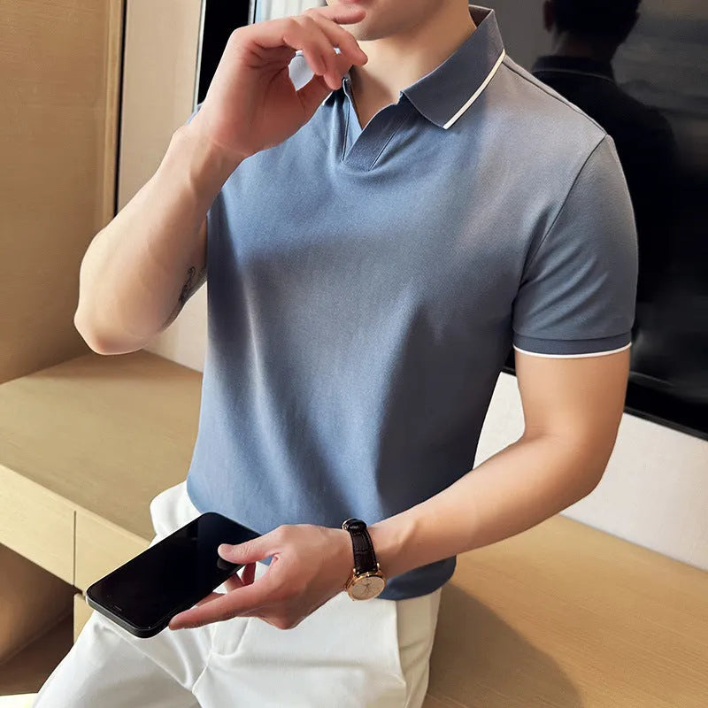 Men's short sleeve lapel collar polo shirt in a mercerised cotton blend fabric.