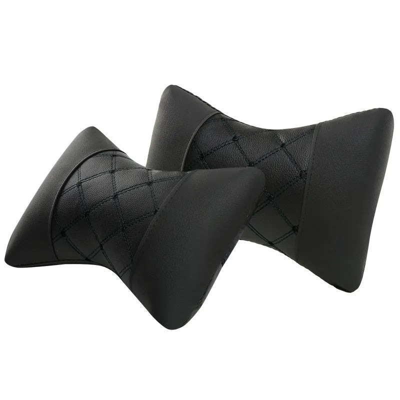 Black quilted artificial leather car headrest neck pillow with diamond pattern for cervical support.