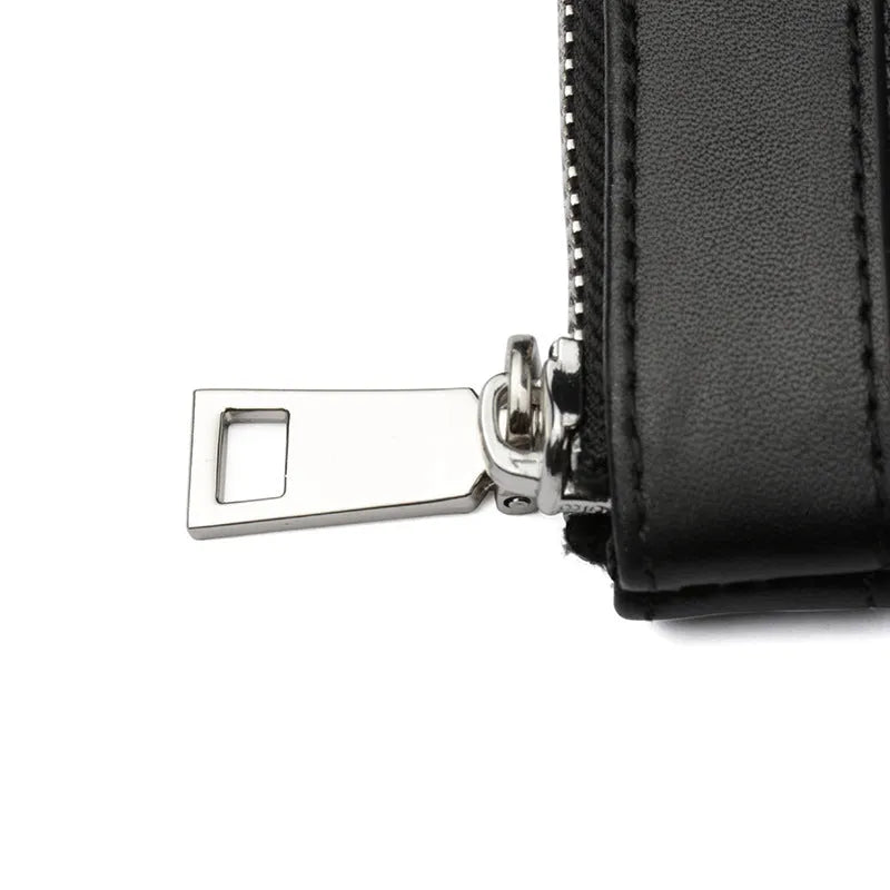 Men's black genuine leather clutch wallet showing 20 by 10 cm dimensions.