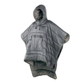 Grey adult-sized outdoor cloak sleeping bag worn as a cape, showing its 200x140cm dimensions.