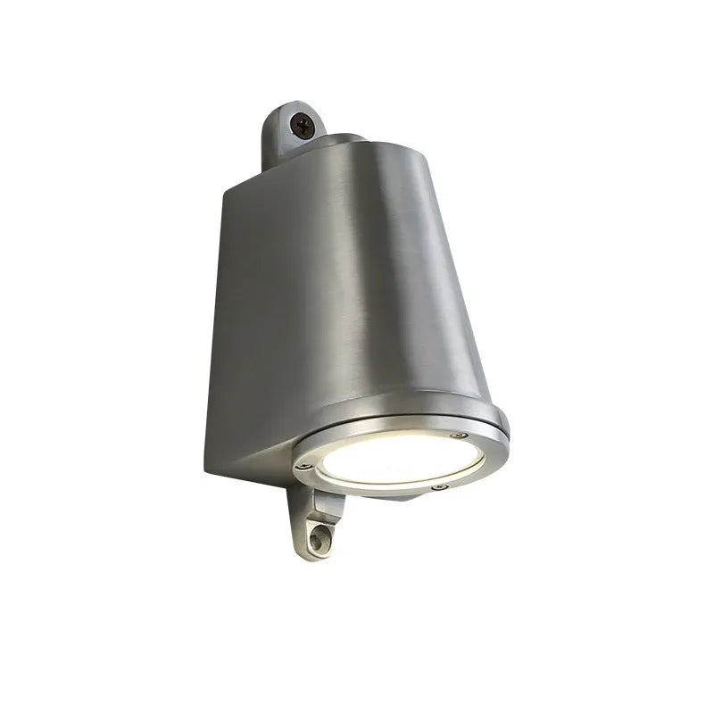 Industrial cast aluminum horseshoe wall lamp in sand black finish for outdoor door.
