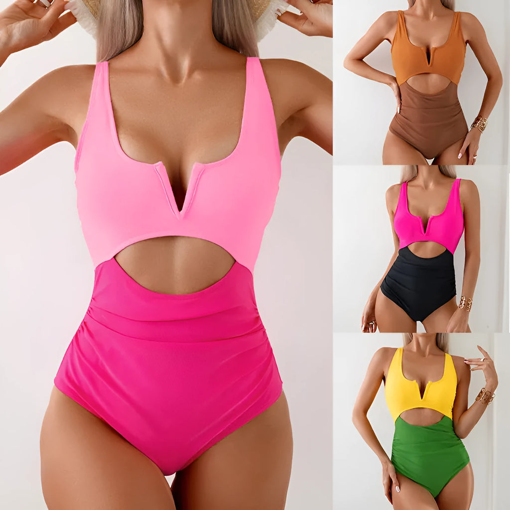 Women's colour block one-piece swimsuit in nylon fabric showing contrast colour design