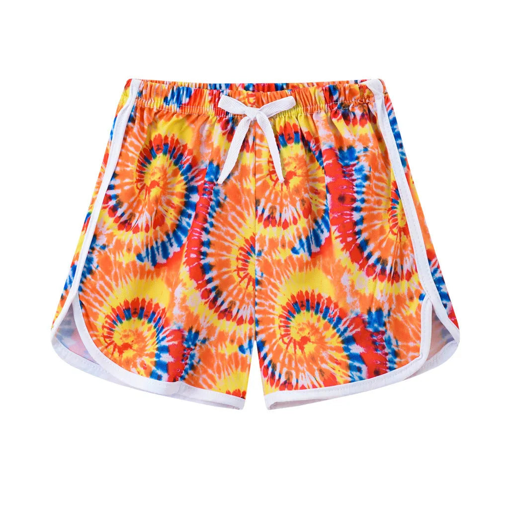 Children's casual polyester shorts in multiple colours including pink, leopard print and striped patterns
