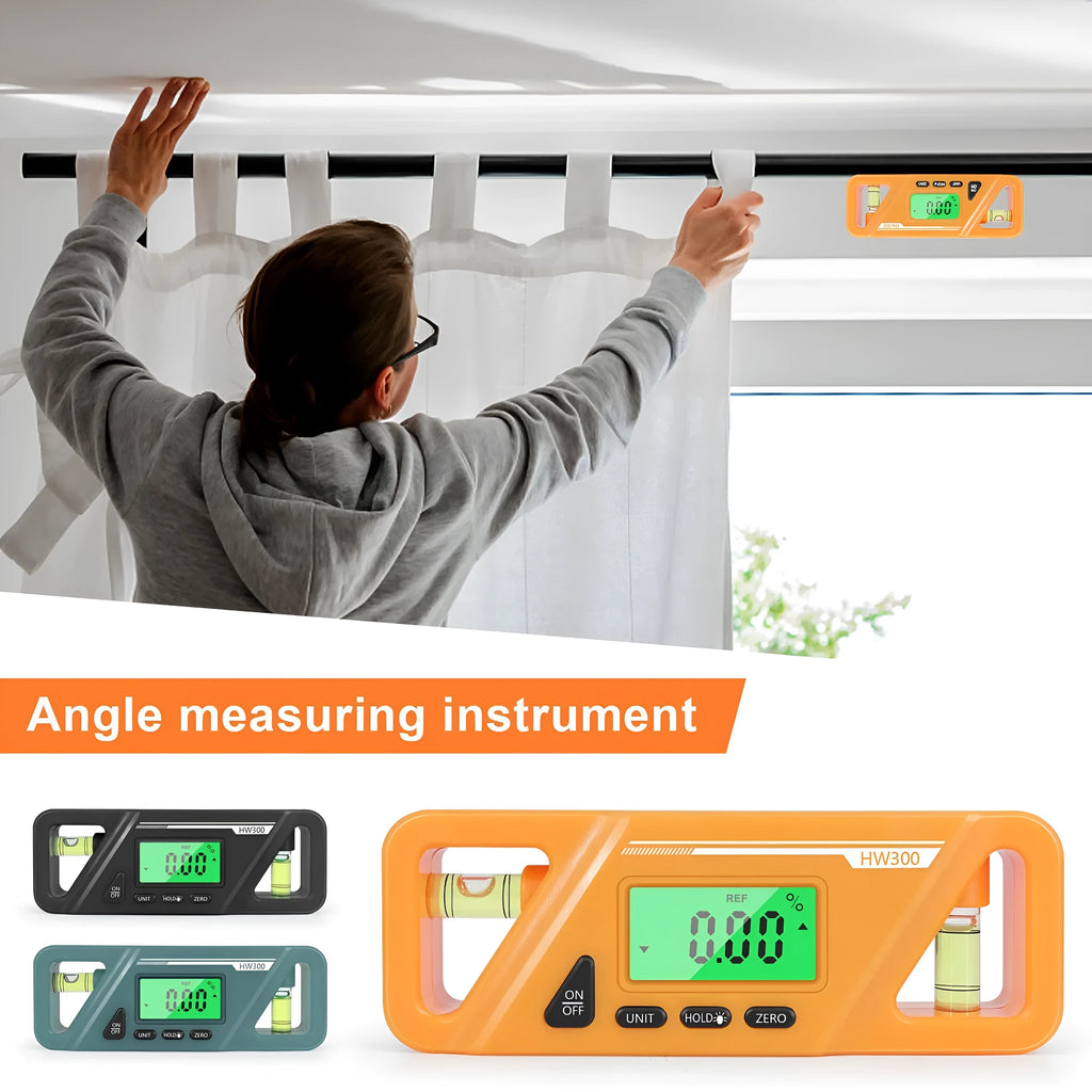 Black digital angle gauge with LCD screen and magnetic base, showing 45-degree reading.