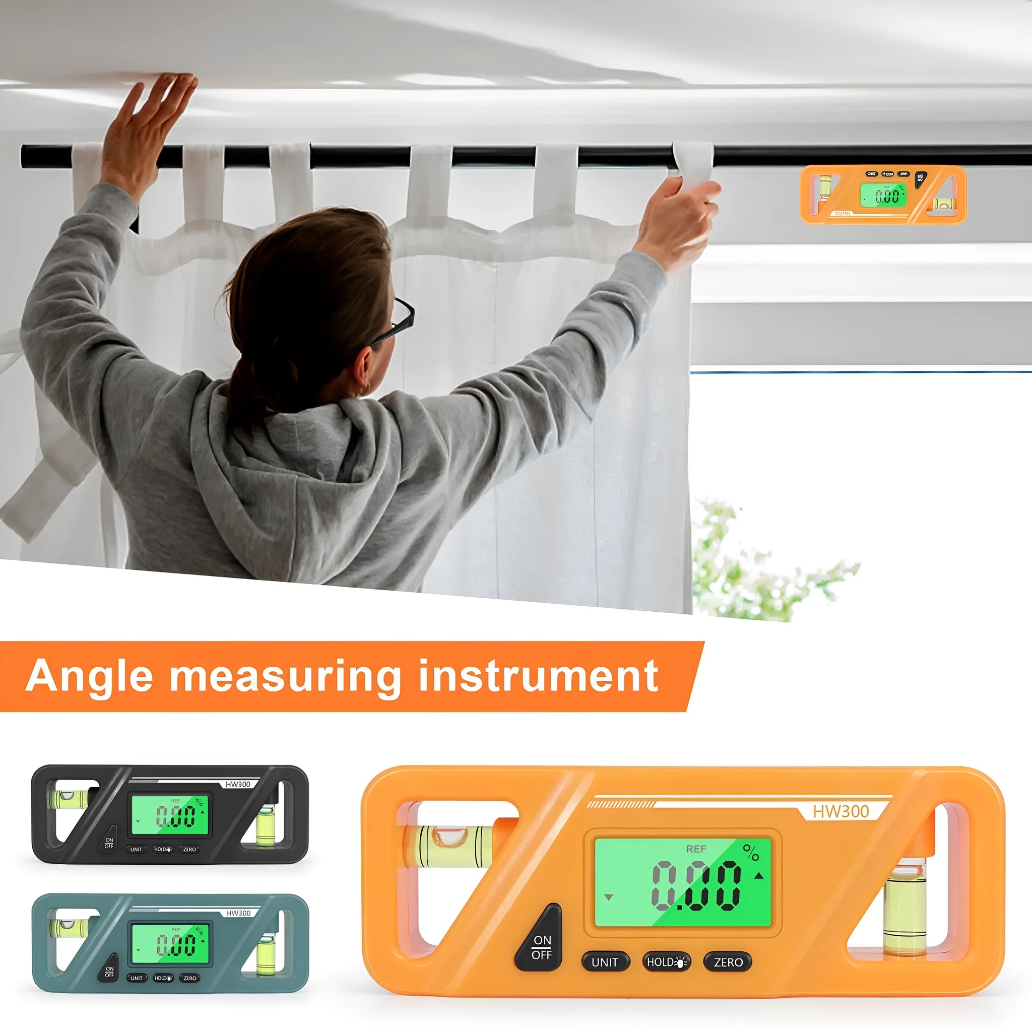 Black digital angle gauge with LCD screen and magnetic base, showing 45-degree reading.