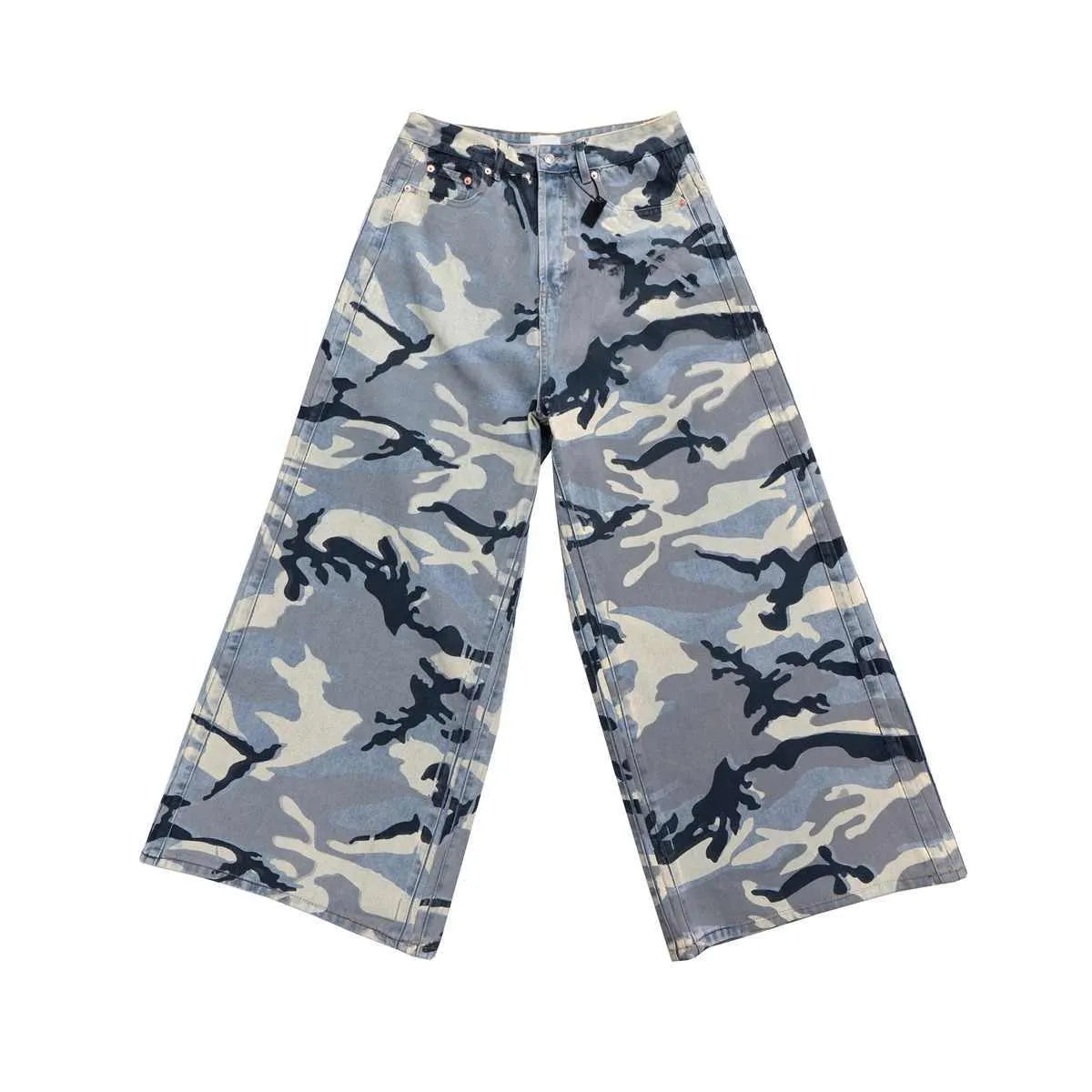 Snow camouflage pattern on blue loose-fit denim jeans with a mid waist.