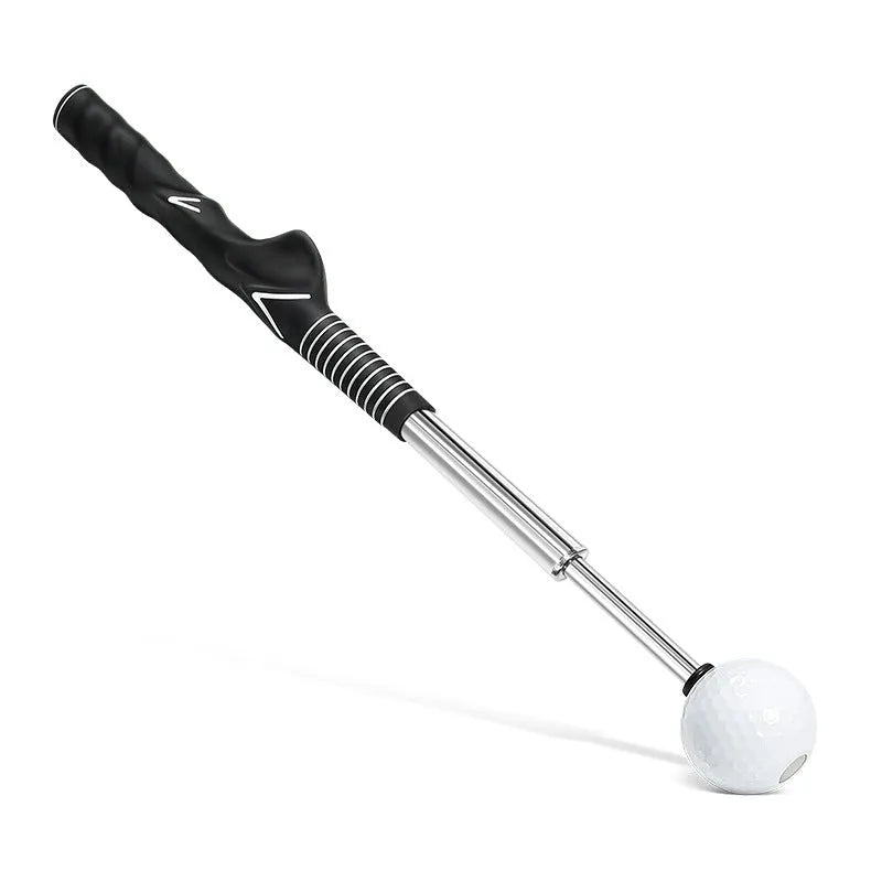Stainless steel telescopic golf swing trainer in black, blue, and red colour options.