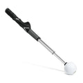 Stainless steel telescopic golf swing trainer in black, blue, and red colour options.