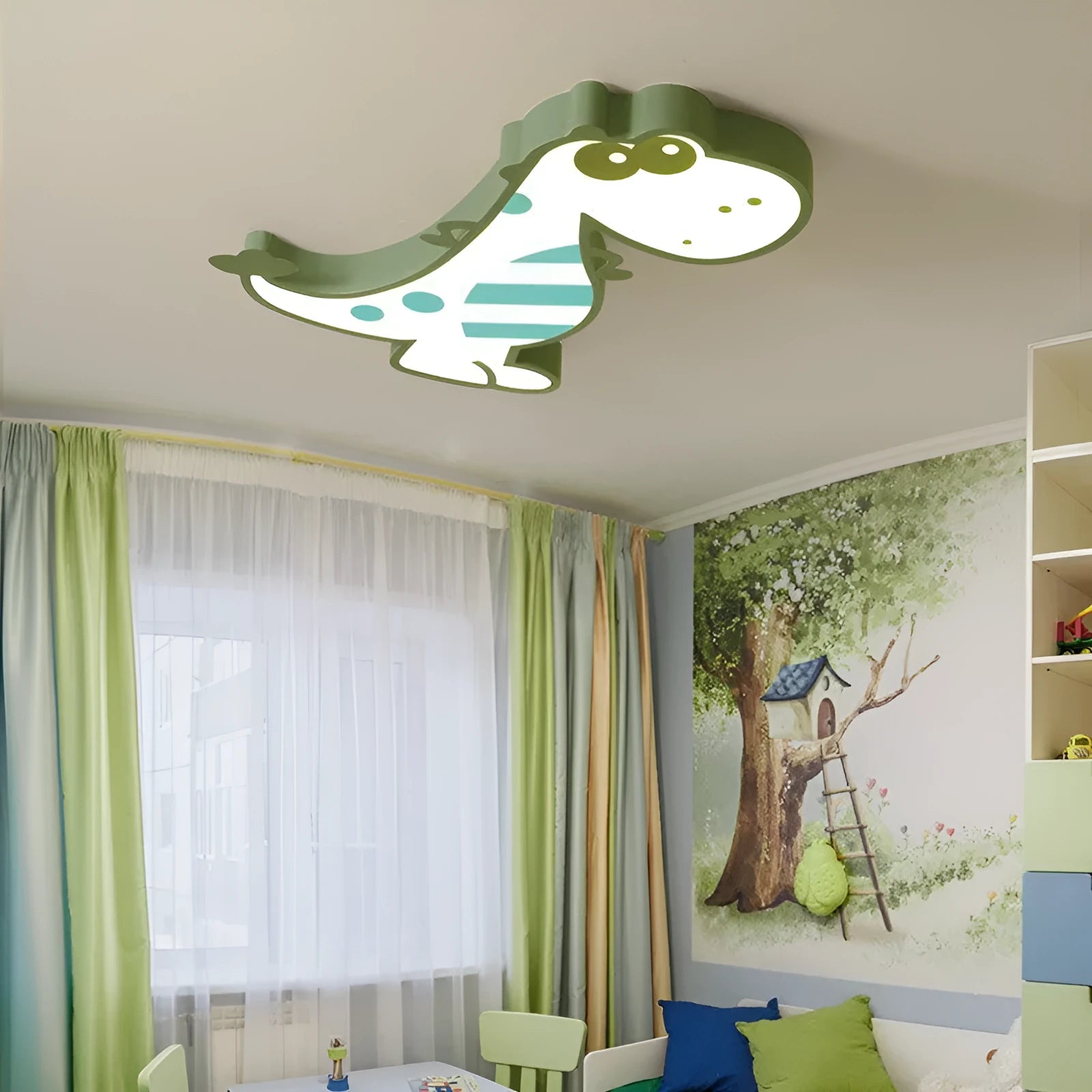 48cm cartoon dinosaur ceiling light with PVC shade and aluminium body in green or pink for bedroom