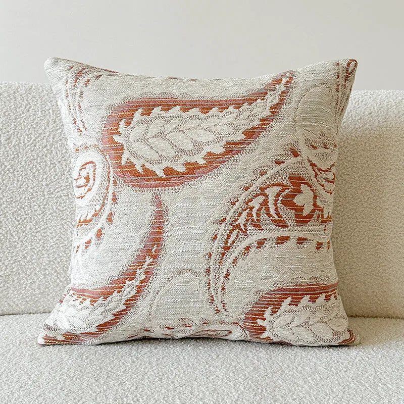 American-style Jacquard sofa backrest cushion with yarn-dyed paisley pattern in amber colour variations
