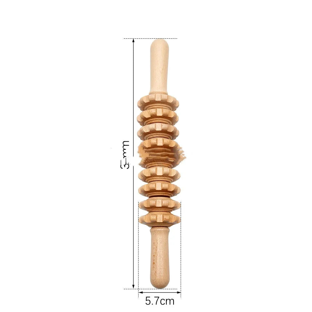 A set of natural beech wood massage rollers including T-shaped and multi-wheel tools for muscle relief.