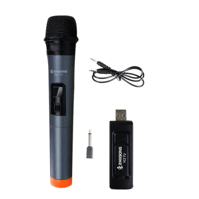 Black V12 handheld dynamic microphone with USB receiver and audio cable for computer and amplifier connection