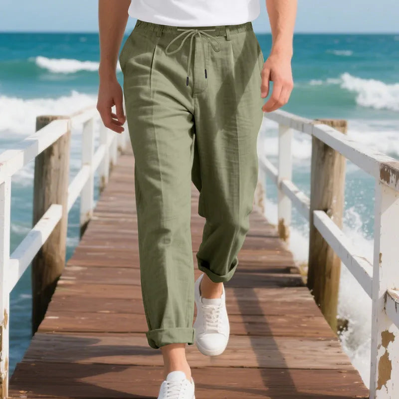 Men's casual linen trousers in light khaki colour with drawstring waist and straight leg