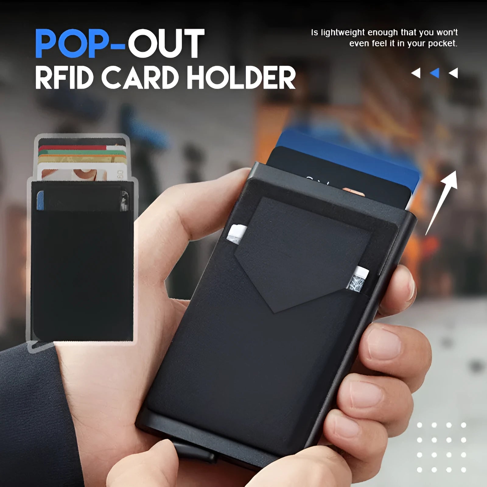 Frosted metal credit card holder in aluminium alloy showing slim profile and colour options