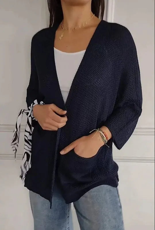 Women's waffle knit cardigan coat in army green with nine-quarter sleeves and pockets