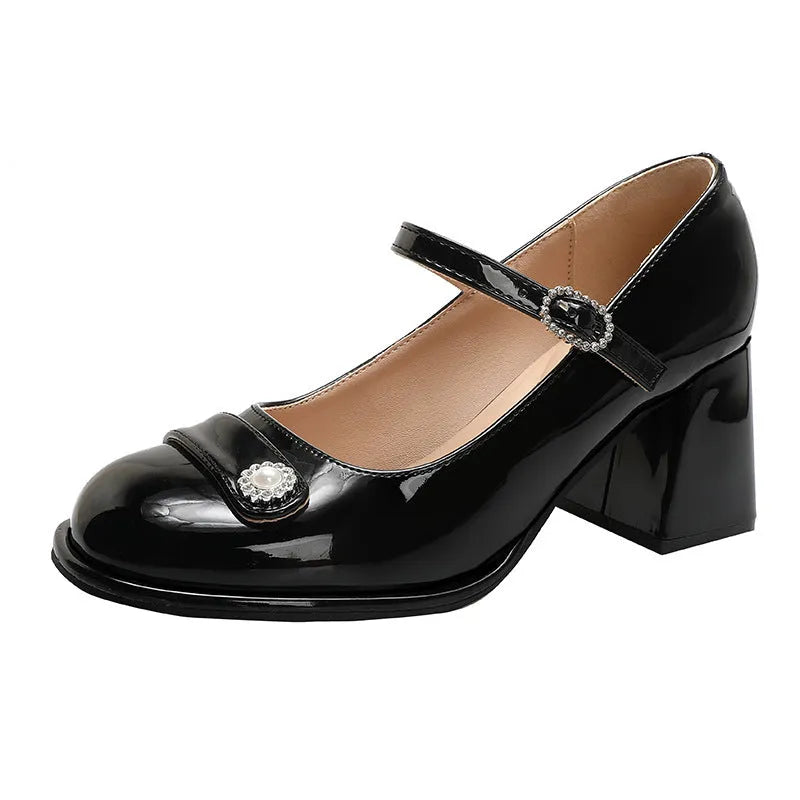 Women's patent leather chunky heel shoes with round toe and buckle strap in black or apricot, available in wide fit and sizes 30-45