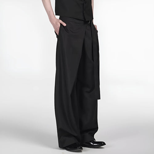Black straight-leg trousers with adjustable waist and single pleated cut in Tencel cotton fabric