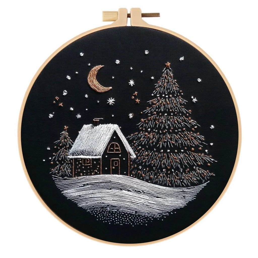 Christmas snow house embroidery fabric kit 28x28cm cotton linen with CX211 tool set landscape pattern